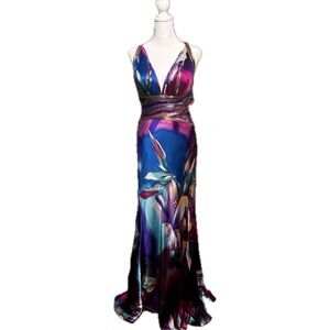 Beyond by Jovani Silk Floral Beaded Maxi Dress Purple Blue Open Back Gown Size 8